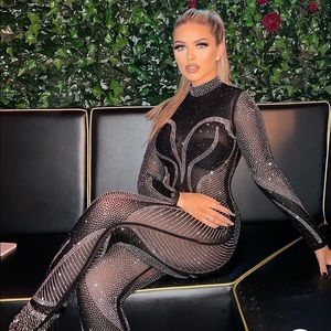 Fashion nova always shining rhinestone jumpsuit black/silver XS